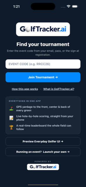 GolfTracker app: enter your tournament's event code to join