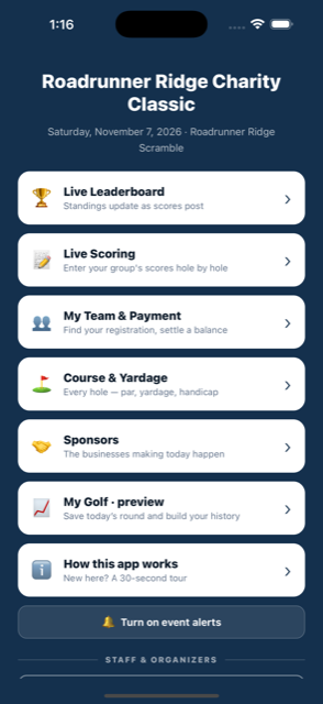 GolfTracker app: event home screen with leaderboard, scoring and team tiles