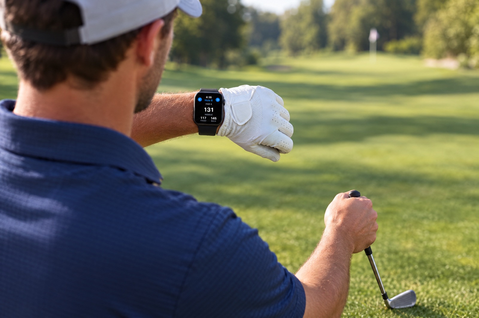 A golfer in a navy polo raises his wrist over his ball in the fairway to read GolfTracker on Apple Watch: Hole 8, par 4, 131 yards to the middle, 117 to the front and 145 to the back