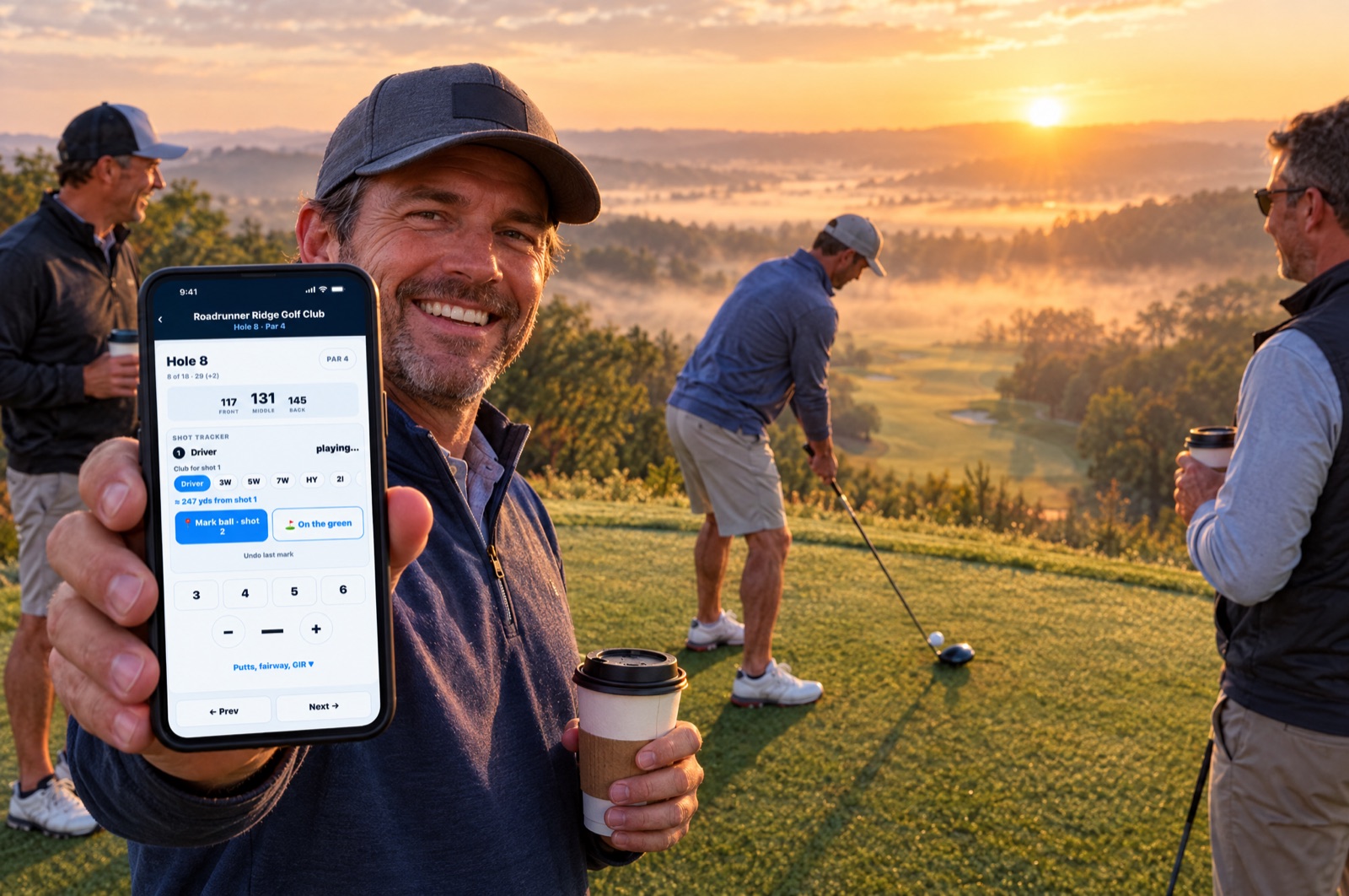 On a misty tee box at sunrise, a smiling golfer holds up his phone showing the GolfTracker shot tracker with Driver selected and 131 yards to the middle, while a buddy tees off and two friends watch with coffee