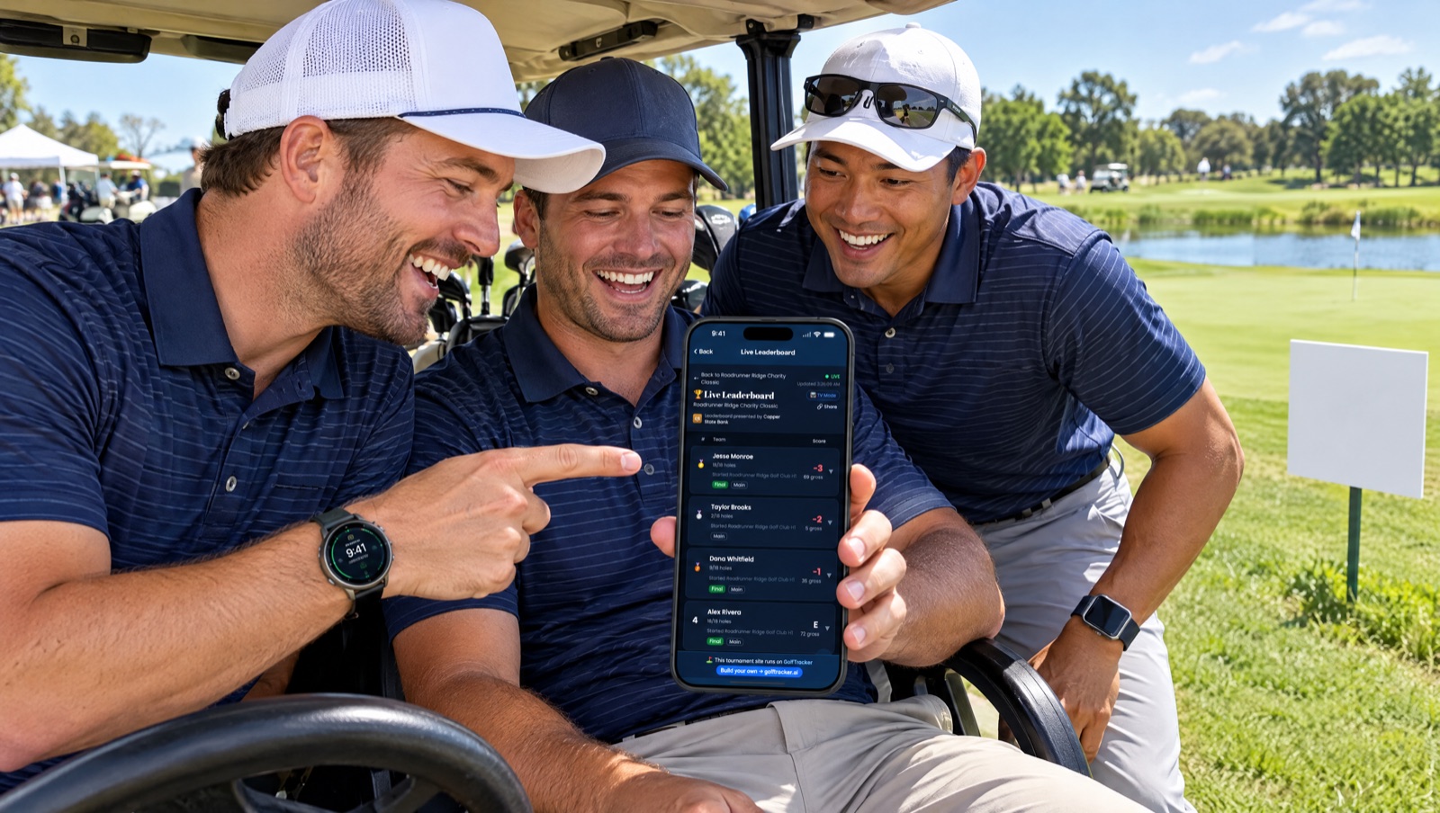 Three golfers in matching team polos in a golf cart at a charity tournament, checking the live GolfTracker leaderboard on an iPhone; one wears a Wear OS watch and another an Apple Watch