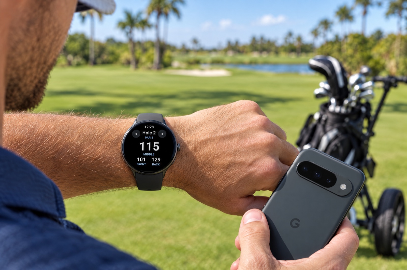 A golfer checks GolfTracker on a round Wear OS watch, showing 115 yards to the middle of the green on hole 2, while holding an Android phone, with his golf bag on a push cart behind him