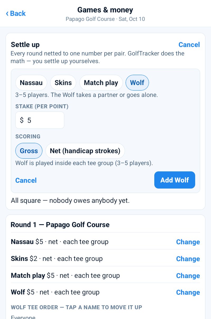Adding Wolf on Android: stake per point, gross or net, played inside each tee group