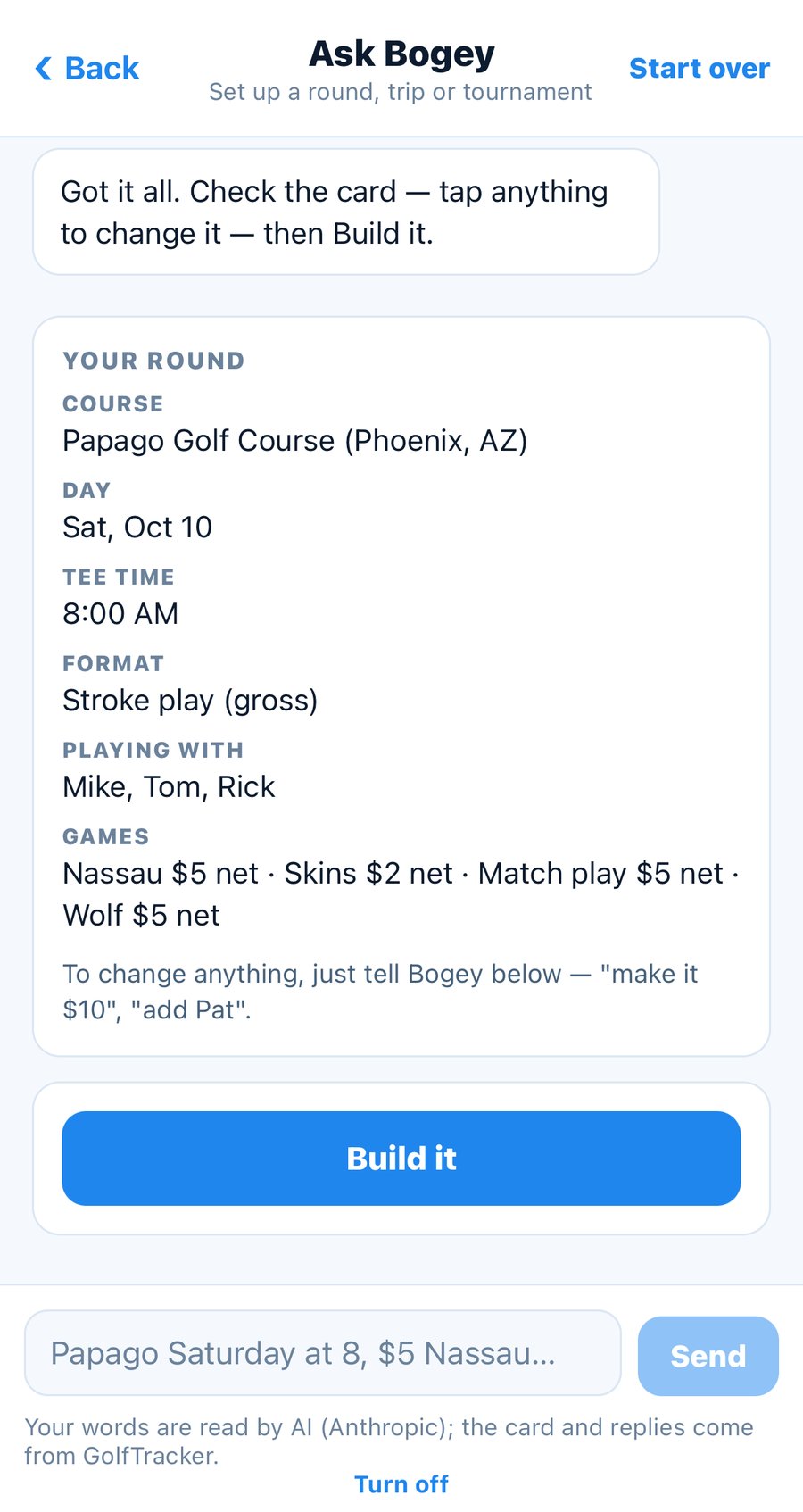 The card Bogey builds from one sentence on iPhone: Papago Golf Course, Saturday at 8:00 AM, Mike, Tom and Rick, and four games