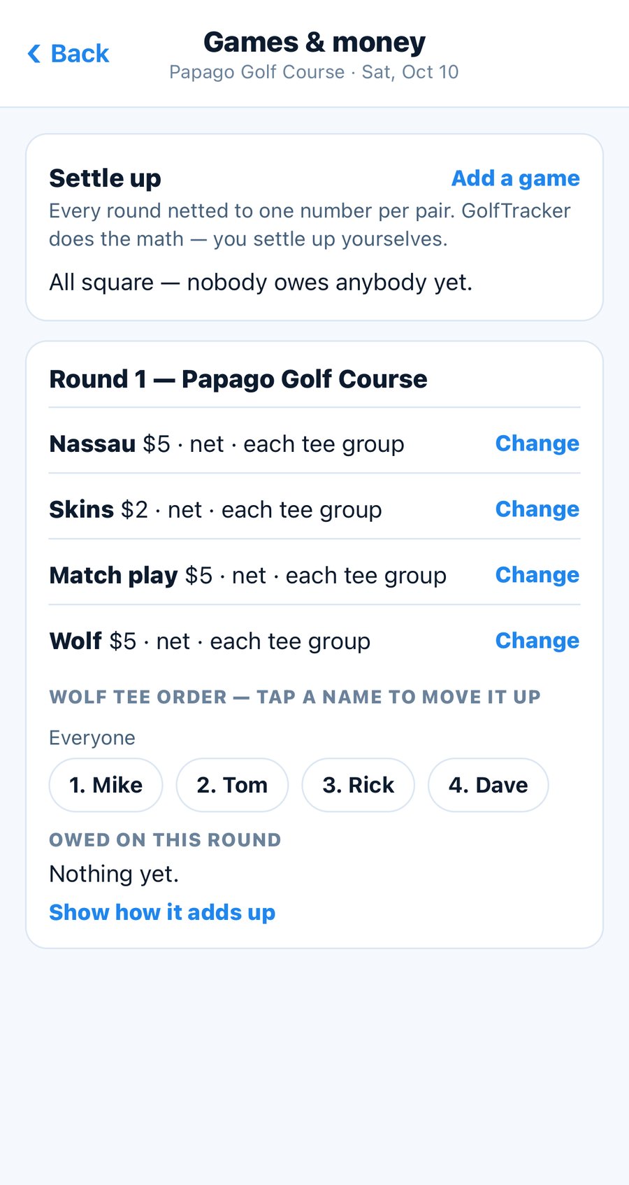 Games and money on iPhone: Nassau, Skins, Match play and Wolf, each net, with the Wolf tee order