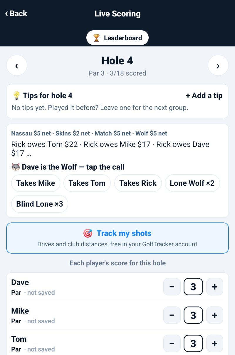 Three holes in on Android: Rick owes Tom $22, Rick owes Mike $17, Rick owes Dave $17, and Dave is the Wolf