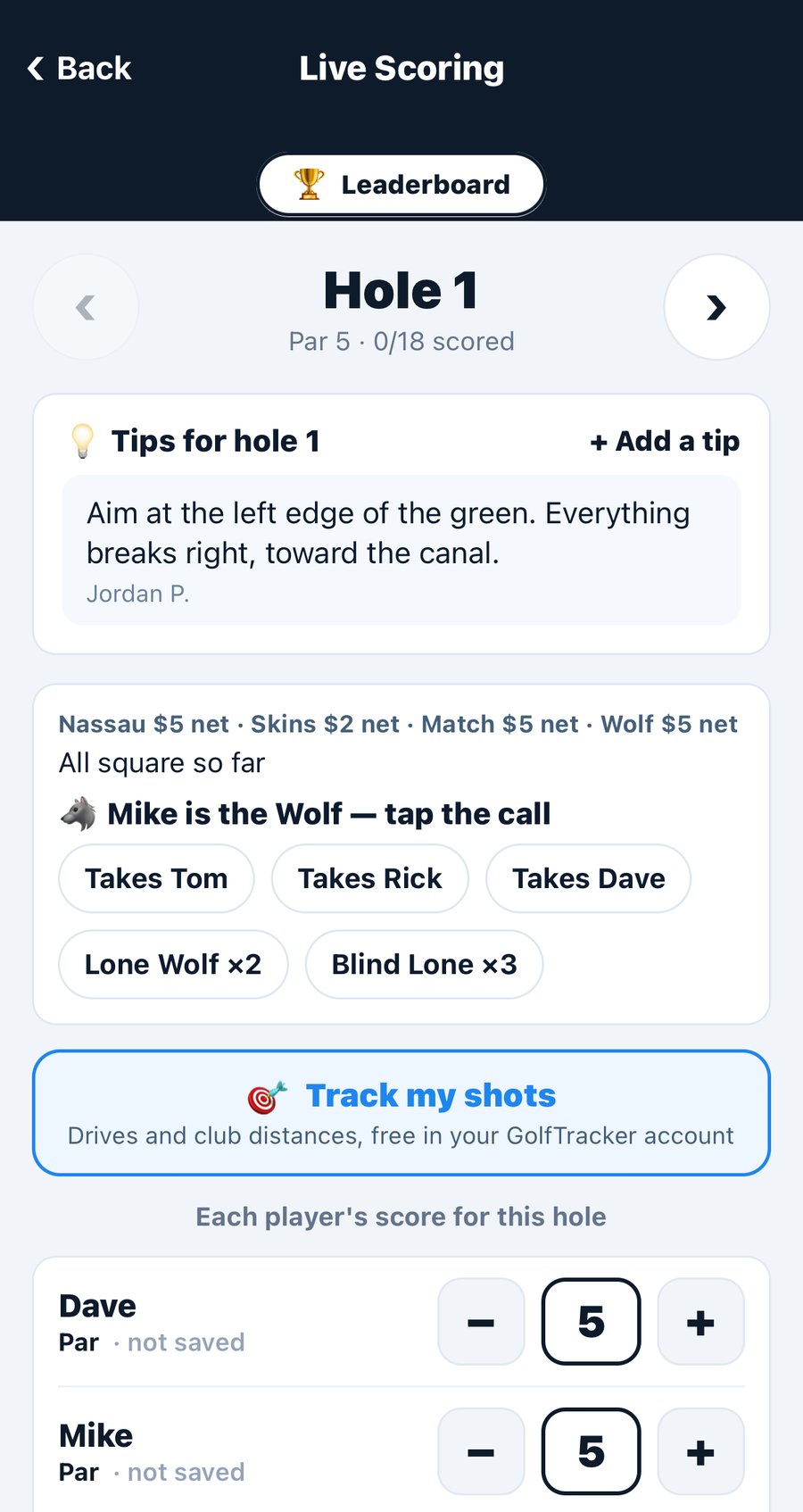 The iPhone scorer on hole 1: a tip from another golfer, all four games, and the Wolf call