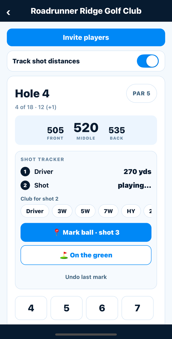 GolfTracker on iPhone: shot tracker showing Driver 270 yards and the second shot in play