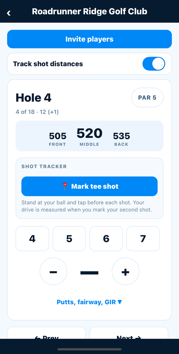 GolfTracker on iPhone: hole 4, par 5, 520 yards to the middle with front and back, and a Mark tee shot button
