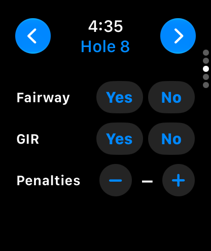 GolfTracker on Apple Watch: hole stats page with Yes and No for fairway and GIR, and a penalties counter