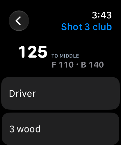 GolfTracker on Apple Watch: club list headed by 125 yards to the middle