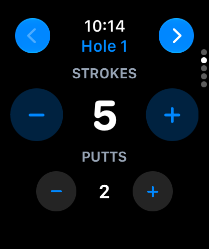 GolfTracker on Apple Watch: 5 strokes and 2 putts entered for the hole
