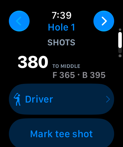 GolfTracker on Apple Watch: 380 yards to the middle, Driver selected, Mark tee shot