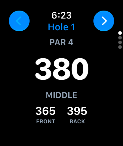 GolfTracker on Apple Watch: hole 1, par 4, 380 yards to the middle, 365 to the front, 395 to the back